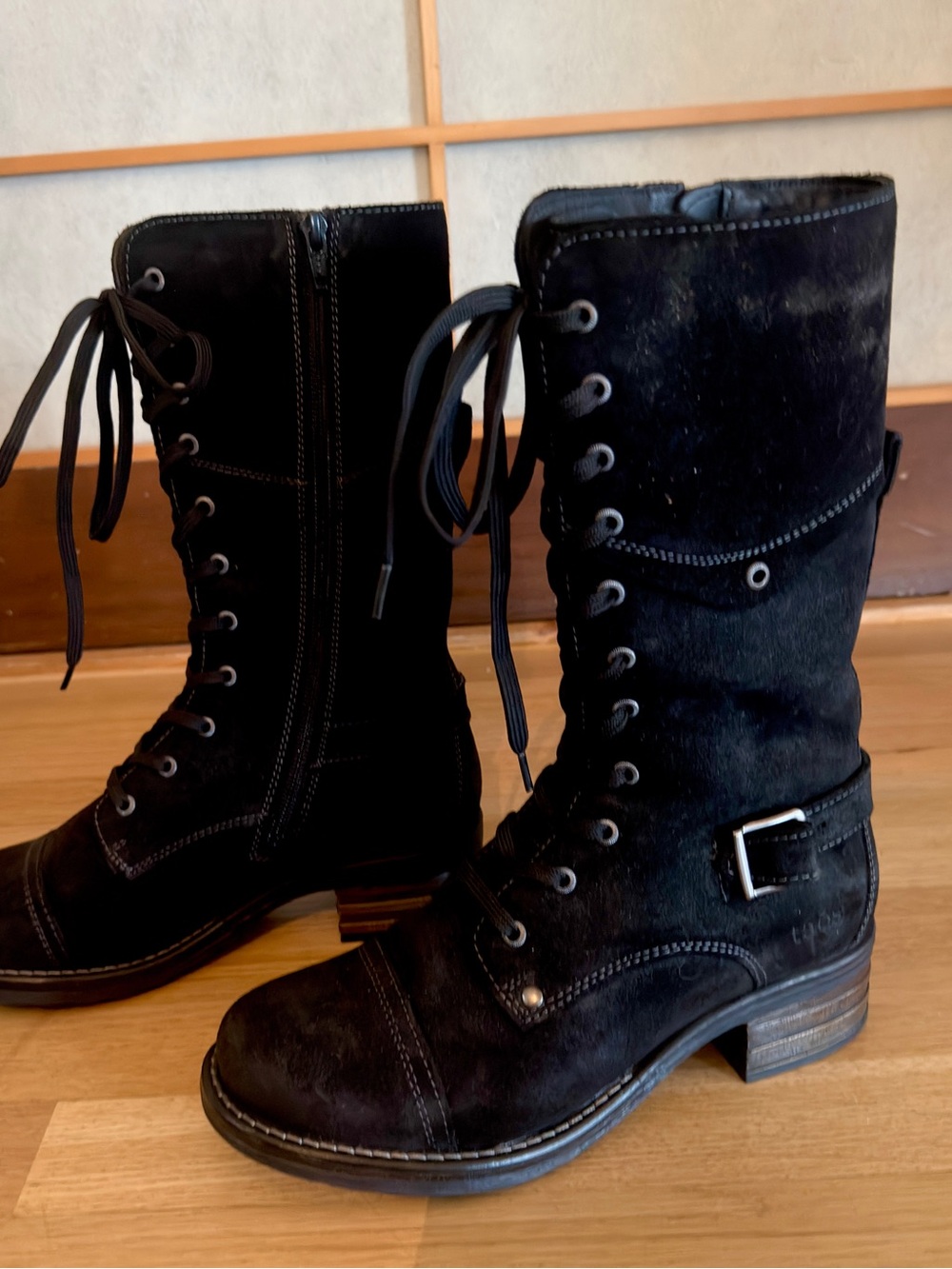 Taos-  Tall “Crave” Black Suede Lace Up Boots With Side Zipper - Size 38, New